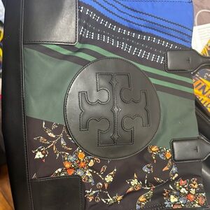 Tory Burch Black and Blue Duffel Bags with Logo and Embellishments